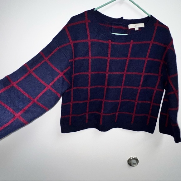 Loft Windowpane Plaid Academia Preppy Merino Wool Cropped Sweater - Picture 2 of 8